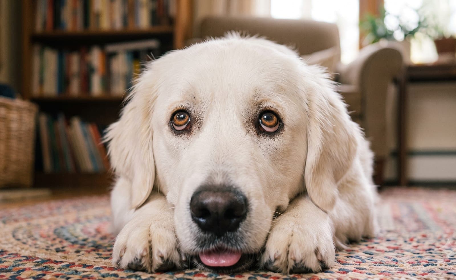 A white golden retriever resting on a rug, gazing softly at the camera