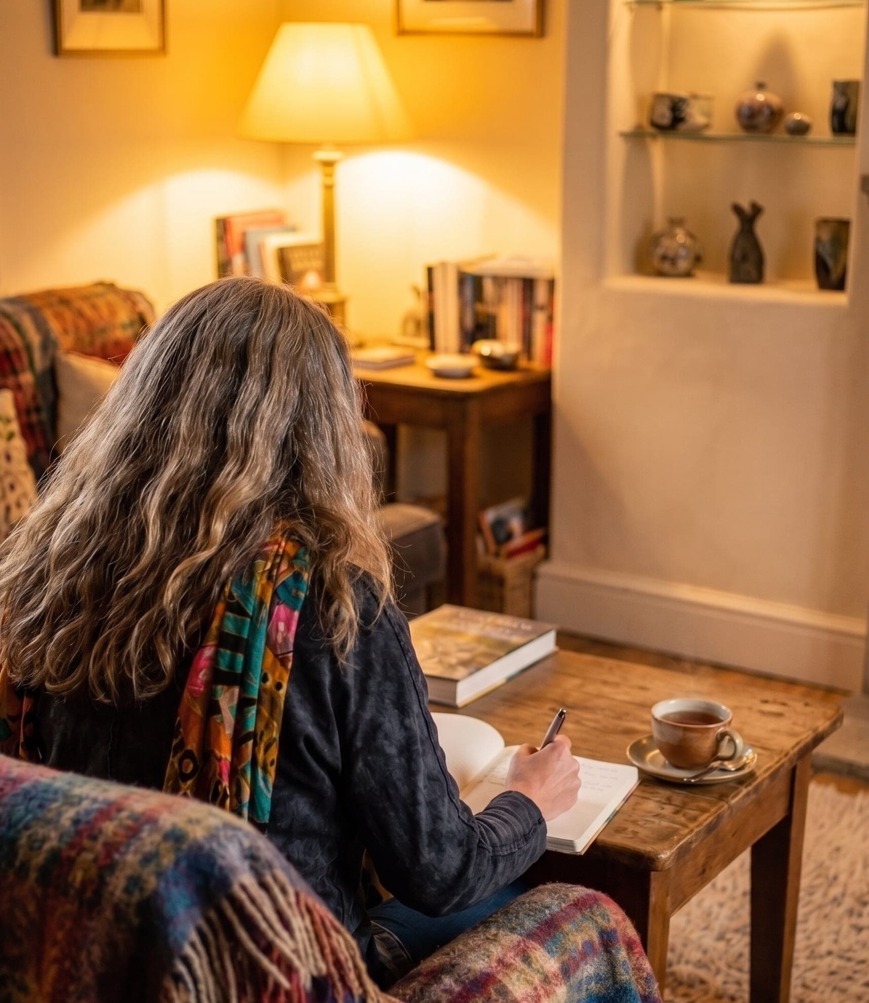 Rhianna writing by lamplight in a cozy reading room, a cup of tea beside her